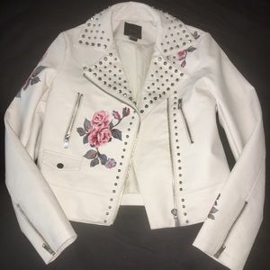 White Floral Faux Leather Moto Jacket